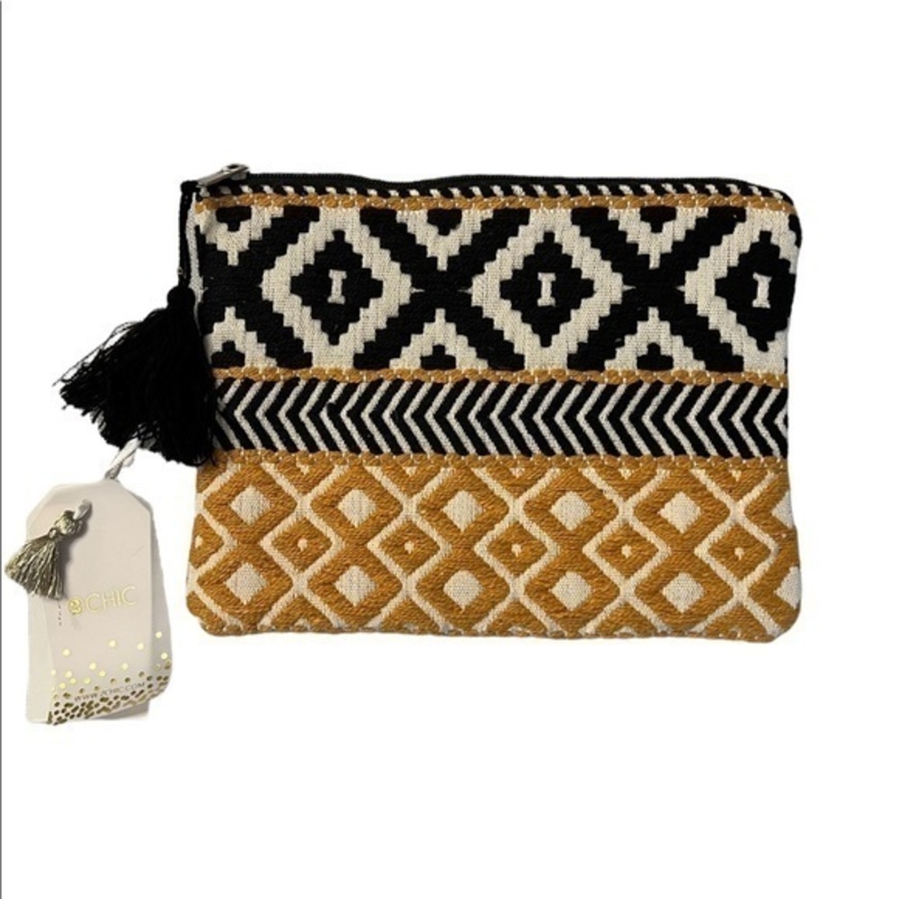 🎁 NWT 2Chic bold geometric pattern fabric zipper makeup bag with tassel